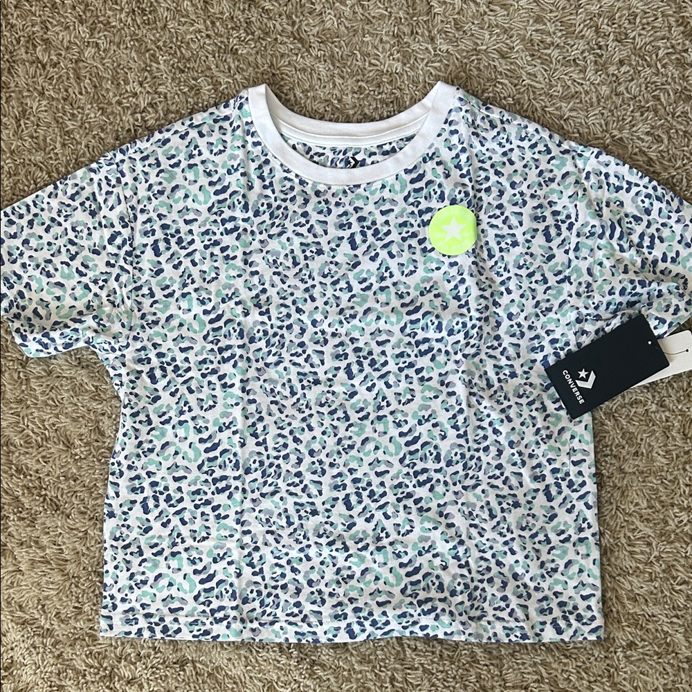 NWT Converse Girls' White Leopard Print Tee with Mint & Navy Accents Size 12/14